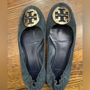 Tory Burch Navy Blue Suede Reva Flats with Gold Logo